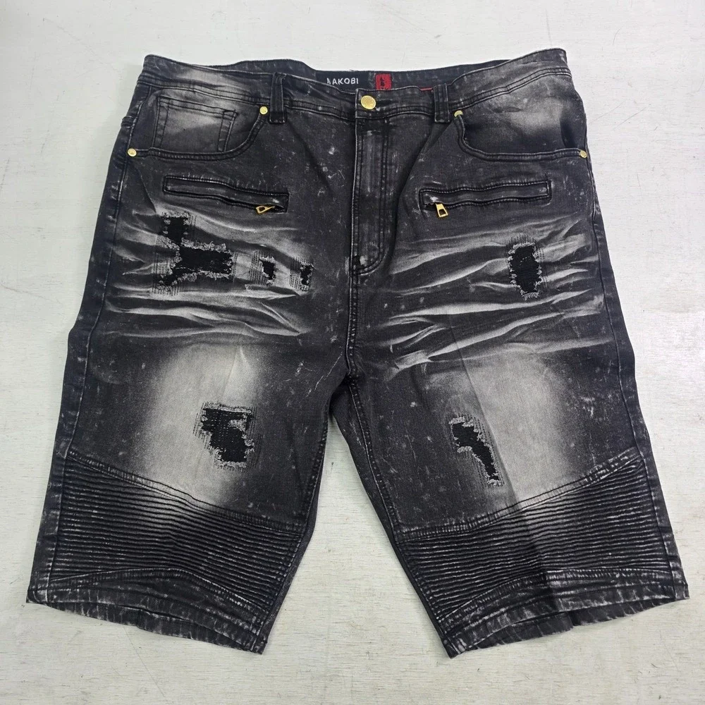 Makobi Biker Shorts Men's Size 44 Black Acid Wash Distressed Moto Streetwear Y2K